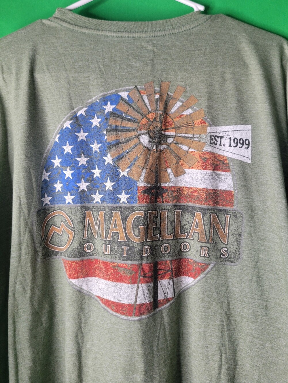 Magellan Outdoors Mens Short Sleeve Crewneck T-Shirt Olive American Flag 2XL XXL